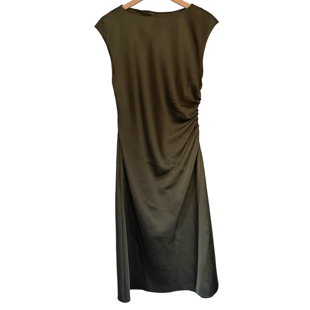 Banana Republic Olive Green Satin Ruched Midi Dress Cap Sleeve Size 8 - Picture 7 of 9
